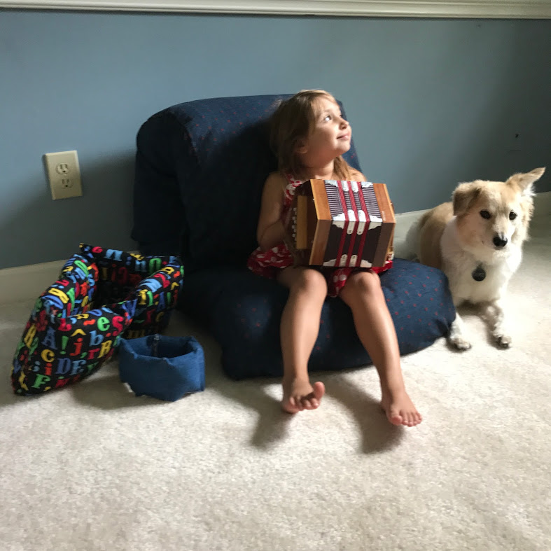 Picture of the meditaion cushion that I made with daughter playing concertina.