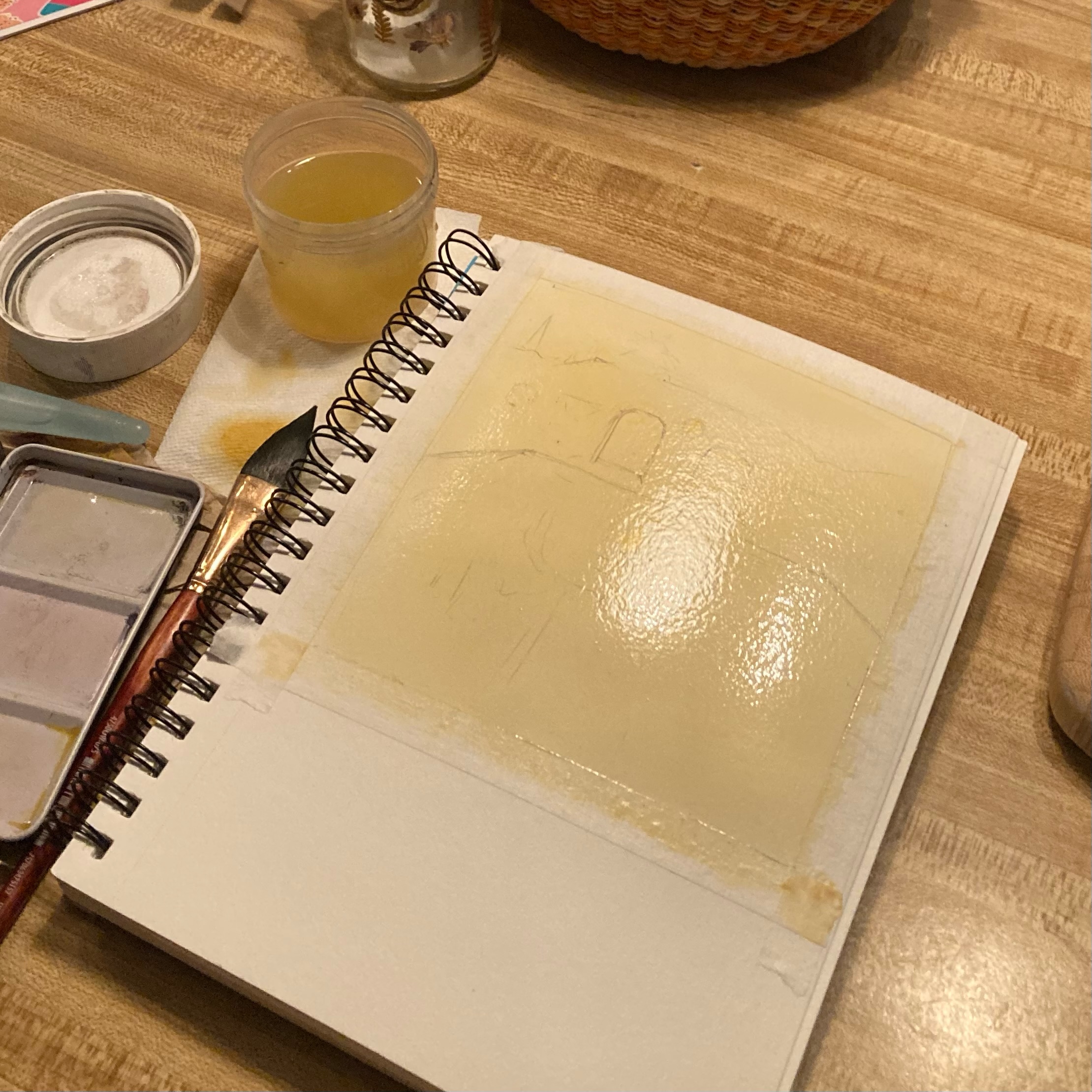 The first color wash is usually the lightest value in the painting. Here